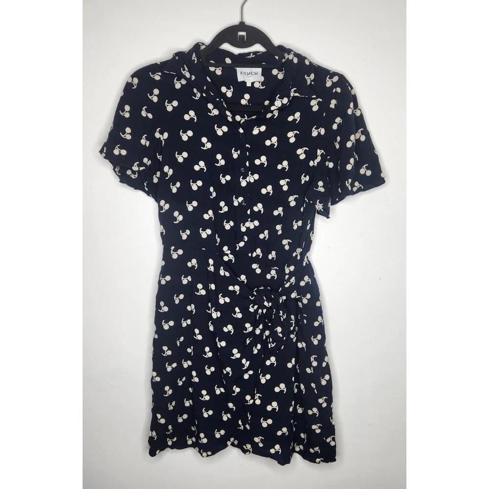 FRNCH Paris Dress Womens Small Navy Blue Cherry Print Tie Waist Button Front